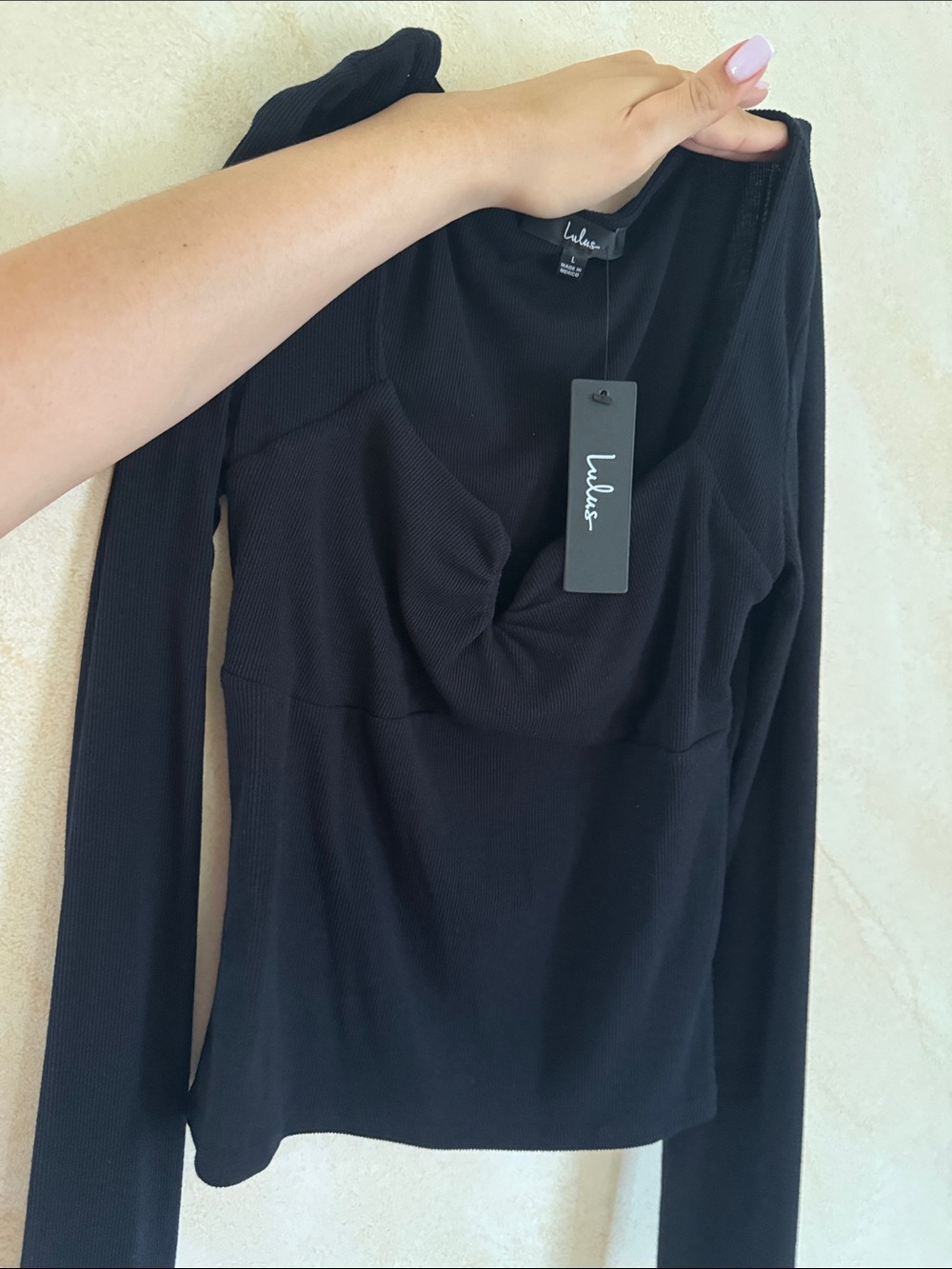 Lulu's Black Long-Sleeve Twist Front Ribbed Top - Fitted Style